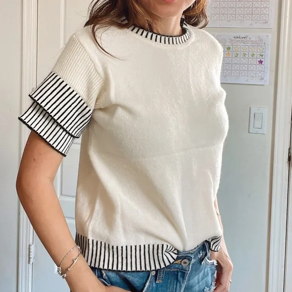 Plus Classic Striped Loose Fit Layered Sleeve Blouse